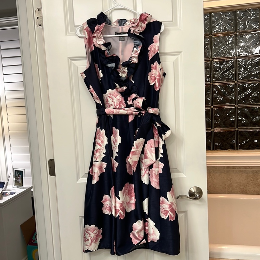 Navy and pink cocktail dress with ruffle neck